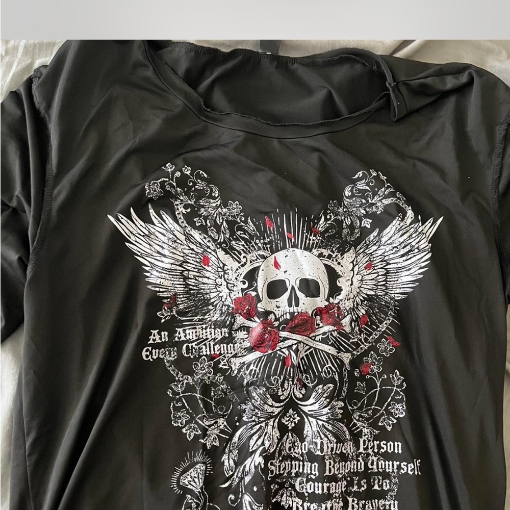 Black Graphic Tee with Skull and Wings Design